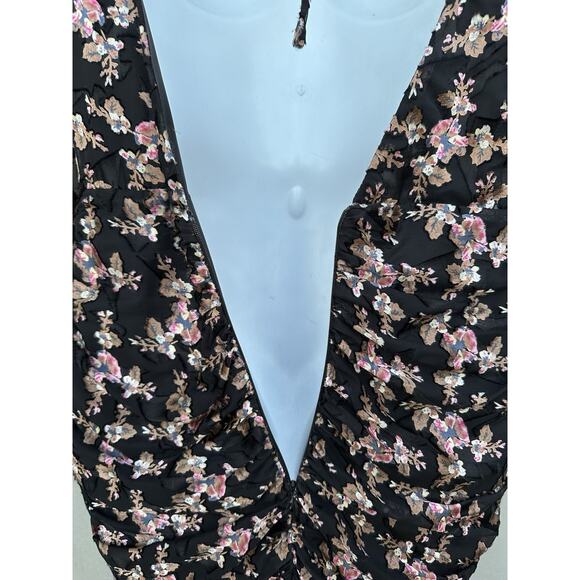 ASTR The Label Dark Floral Puff Sleeves Burntout Velvet Ruched Midi Dress Sz L - Picture 14 of 16